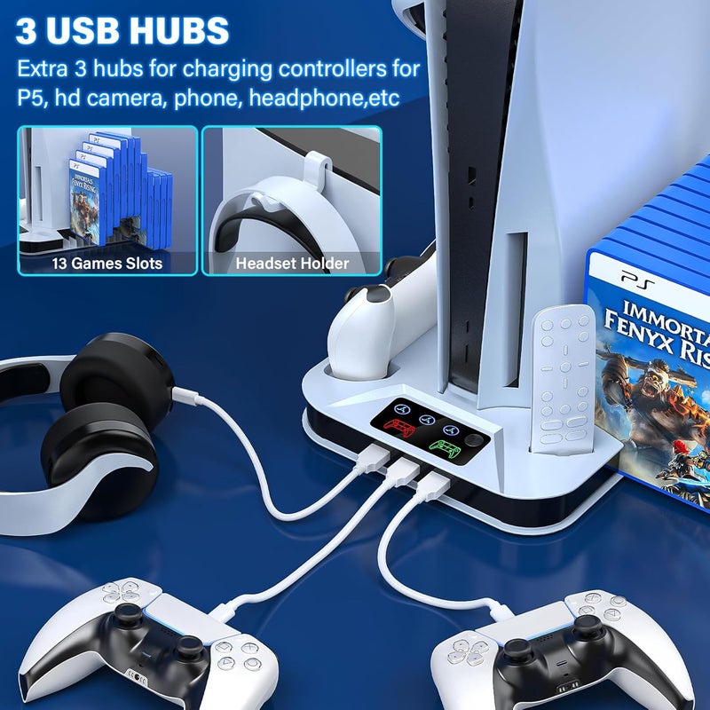 RJAD PS5 / PS5 Slim Cooling Station with Controller Charging Station for Playstation 5 Console Disc/Digital, Cooling Stand for Playstation 5 Slim with Cooler Fan Accessories with 3 USB Hubs/Headset Holder - Image 5